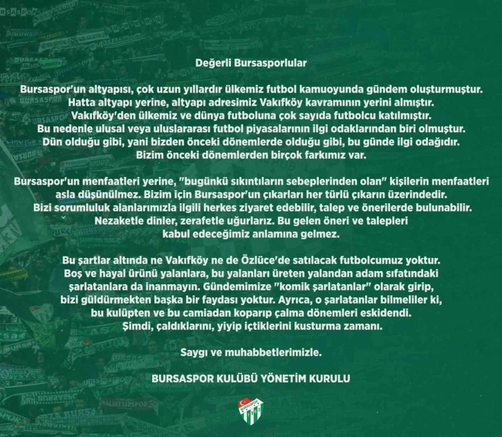 Bursaspor Kulübü'nden şarlatan çıkışı, “Satılacak futbolcumuz yok"