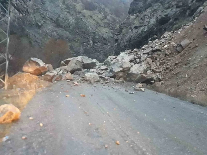 Dağdan kopan kayalar Hakkari’de köy yolunu kapattı