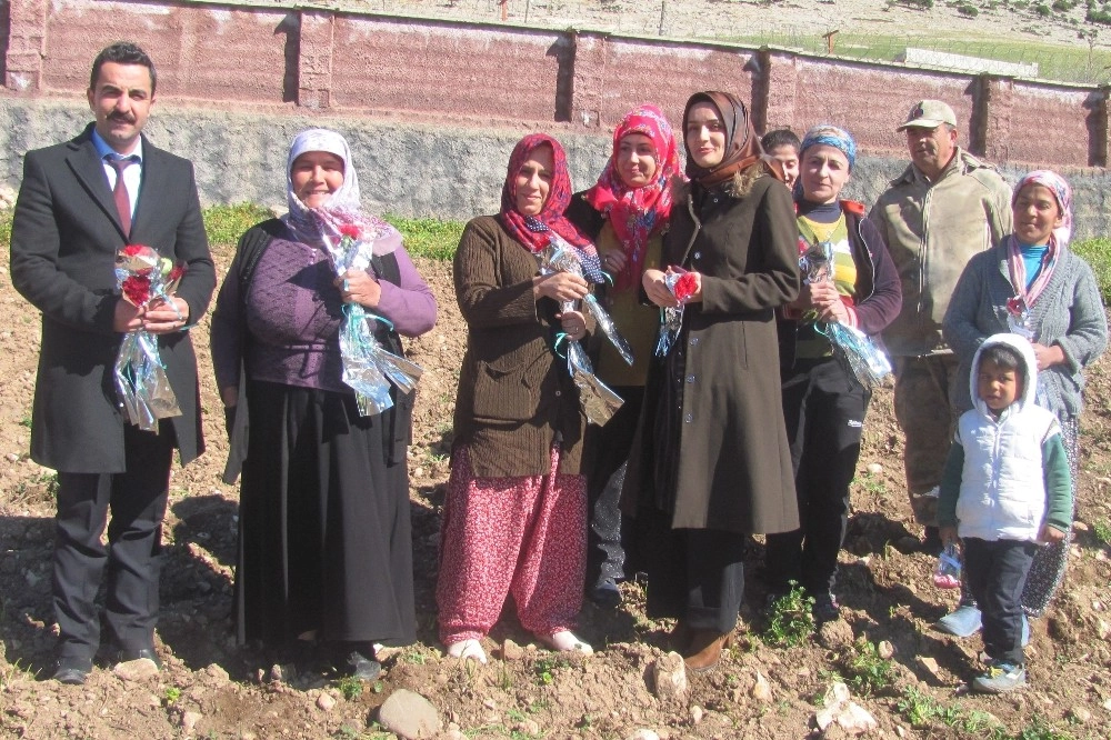 Tarlada Çalışan Arabanlı Kadınlara Çiçekli Ziyaret