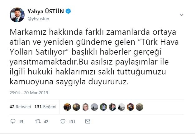 Thy Basın Müşaviri Üstün, “Türk Hava Yolları Satılıyor” İddialarını Yalanladı