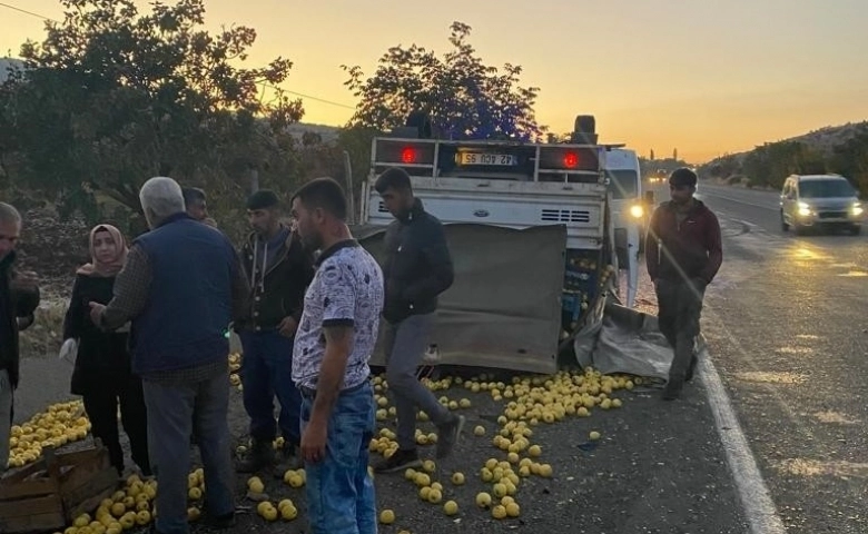 Tekeri patlayan elma yüklü kamyonet devrildi