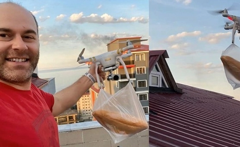 Laz işi, ekmeğini bakkaldan drone ile aldırdı