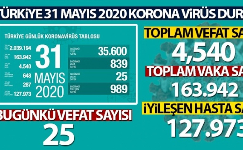 Türkiye'de Son 24 saatte korona virüsten 25 kişi hayatını kaybetti