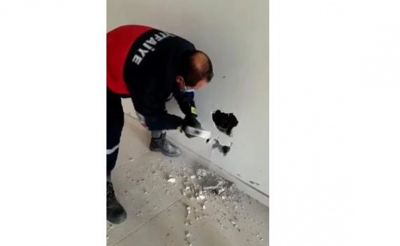 Gölbaşında Köpek, duvar kırılarak sıkıştığı yerden çıkartıldı