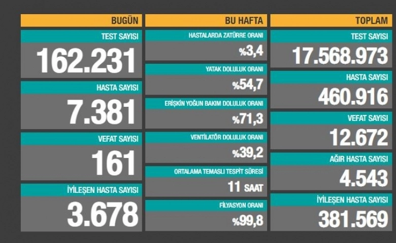 Korona virüsten son bir günde 161 kişi hayatını kaybetti