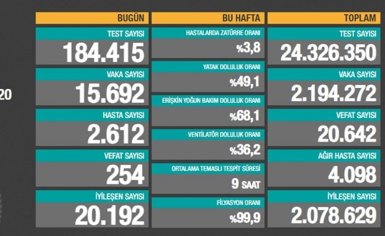 Türkiye'de son 24 saatte 15.692 koronavirüs vakası tespit edildi