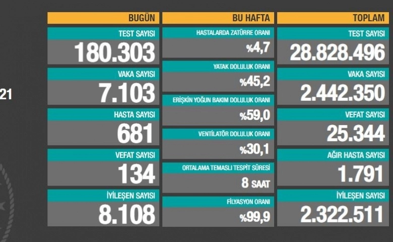 Türkiye'de son 24 saatte 7.103 koronavirüs vakası tespit edildi