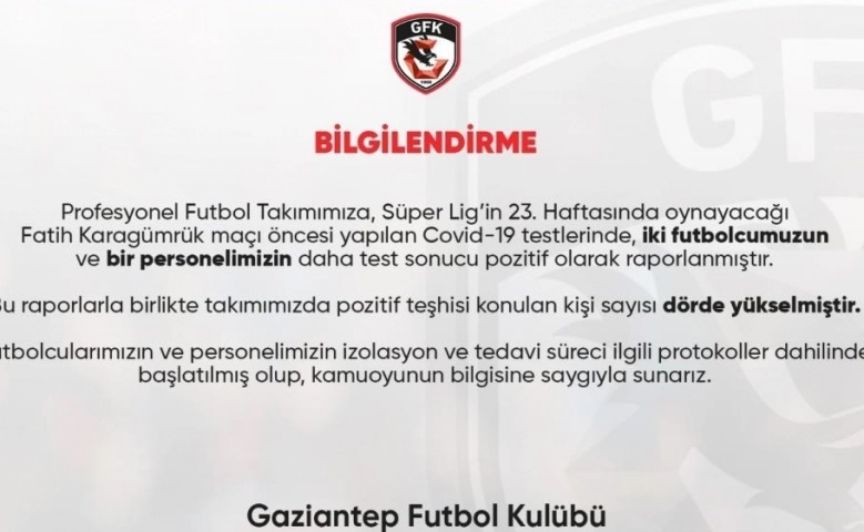 Gaziantep FK'da dört pozitif vaka