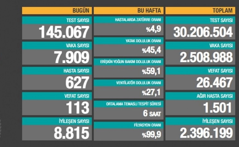 Türkiye'de son 24 saatte 7.909 koronavirüs vakası tespit edildi