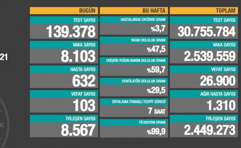 Türkiye'de son 24 saatte 8.103 koronavirüs vakası tespit edildi