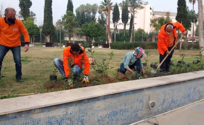 Doğasever kadın, çiçek eken büyükşehir personellerine yardım etti