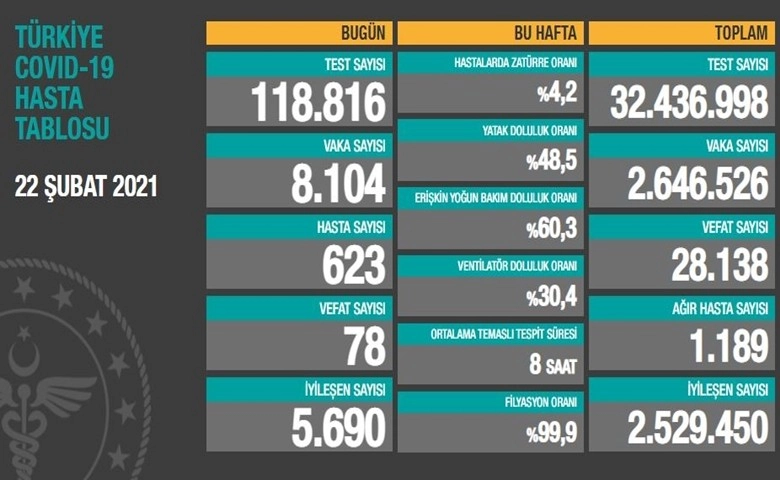 Türkiye'de son 24 saatte 8.104 koronavirüs vakası tespit edildi