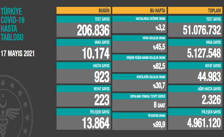 Türkiye'de son 24 saatte 10.174 koronavirüs vakası tespit edildi