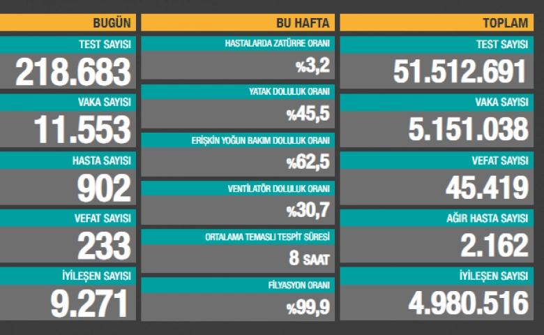 Türkiye'de son 24 saatte 11.553 koronavirüs vakası tespit edildi