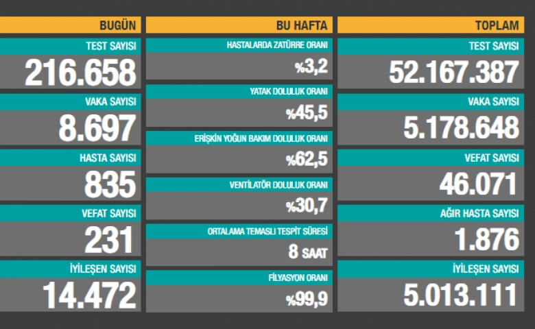 Türkiye'de son 24 saatte 8.697 koronavirüs vakası tespit edildi