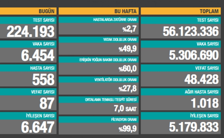 Türkiye'de bugün 6.454 koronavirüs vakası tespit edildi, 87 kişi öldü