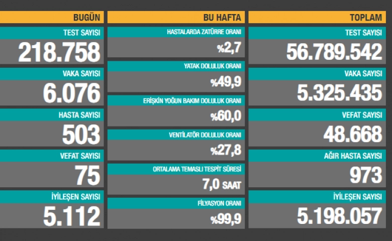 Korona virüslü 6.076 yeni vakası tespit edildi