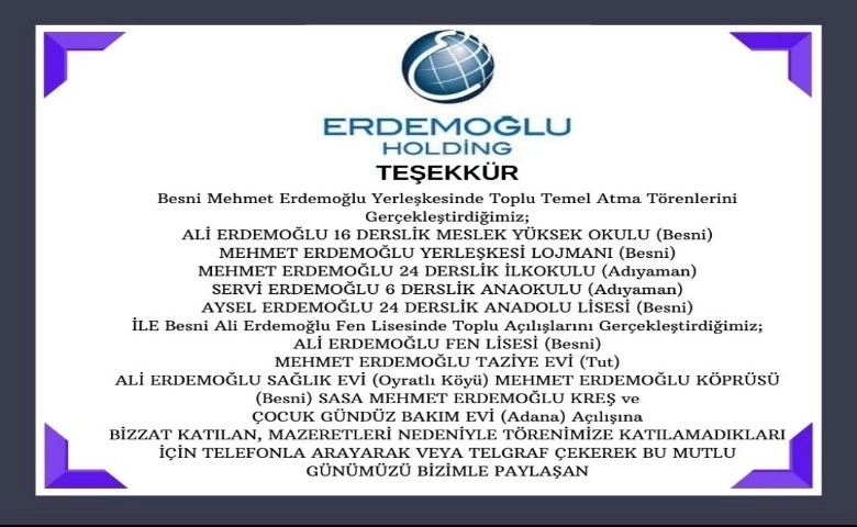 Erdemoğlu Ailesi'nden teşekkür...