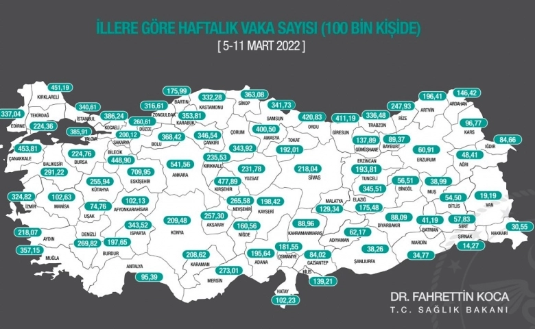 Şehirlere göre haftalık vaka sayısı