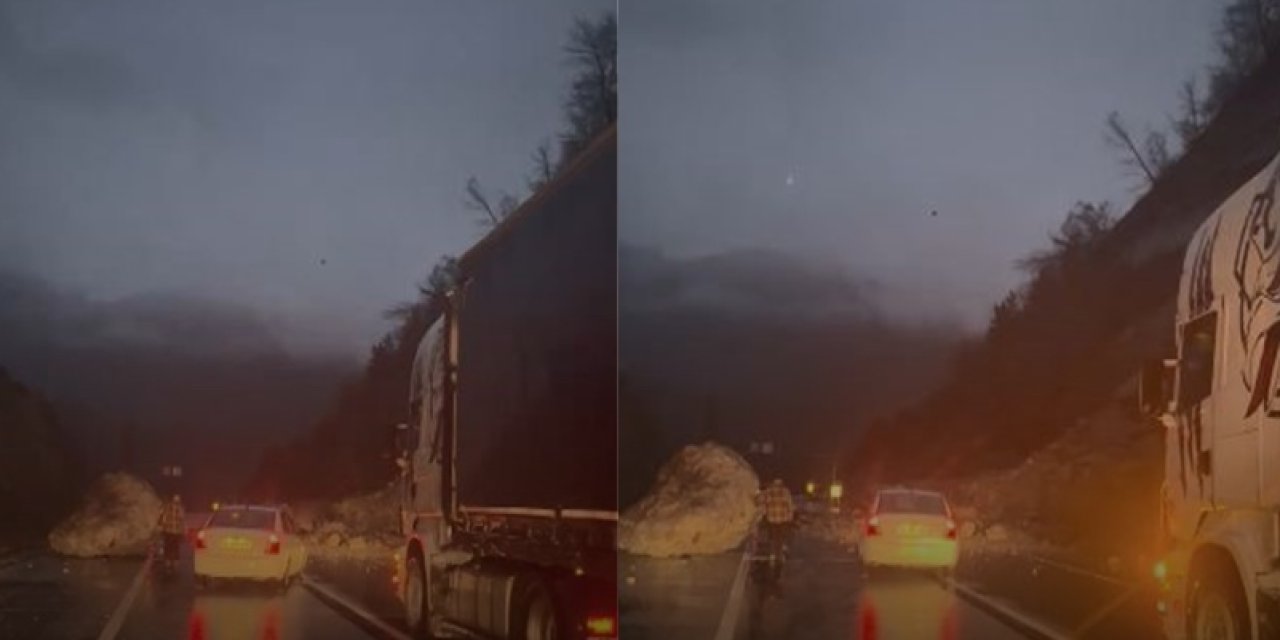 Heyelan oldu kaya parçaları karayolunu ulaşıma kapattı