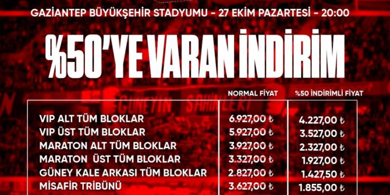 Gaziantep FK - Fenerbahçe maçı biletleri yüzde 50 indirimli satışta