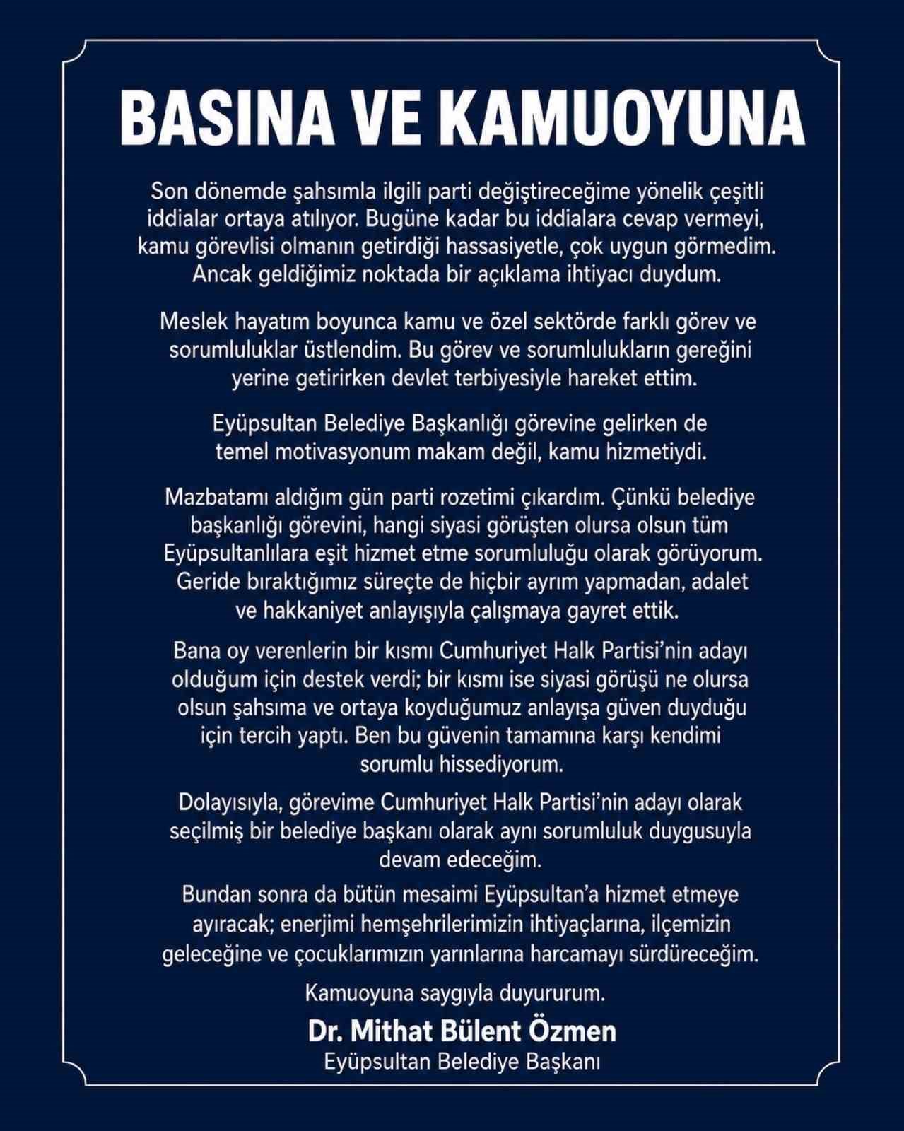 Eyüpsultan Başkanı Özmen'den Flaş "CHP" Açıklaması! Dedikodulara Noktayı Koydu