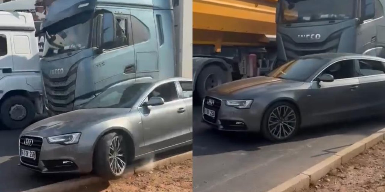 Trafikte korku dolu anlar! Camını kıran sürücüye tırla çarpıp kaçtı