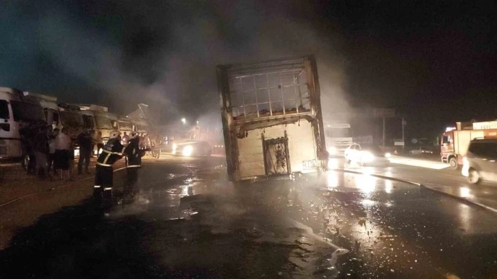 Gaziantep'te Ayçiçek yağı yüklü tırın dorsesi alev alev yandı