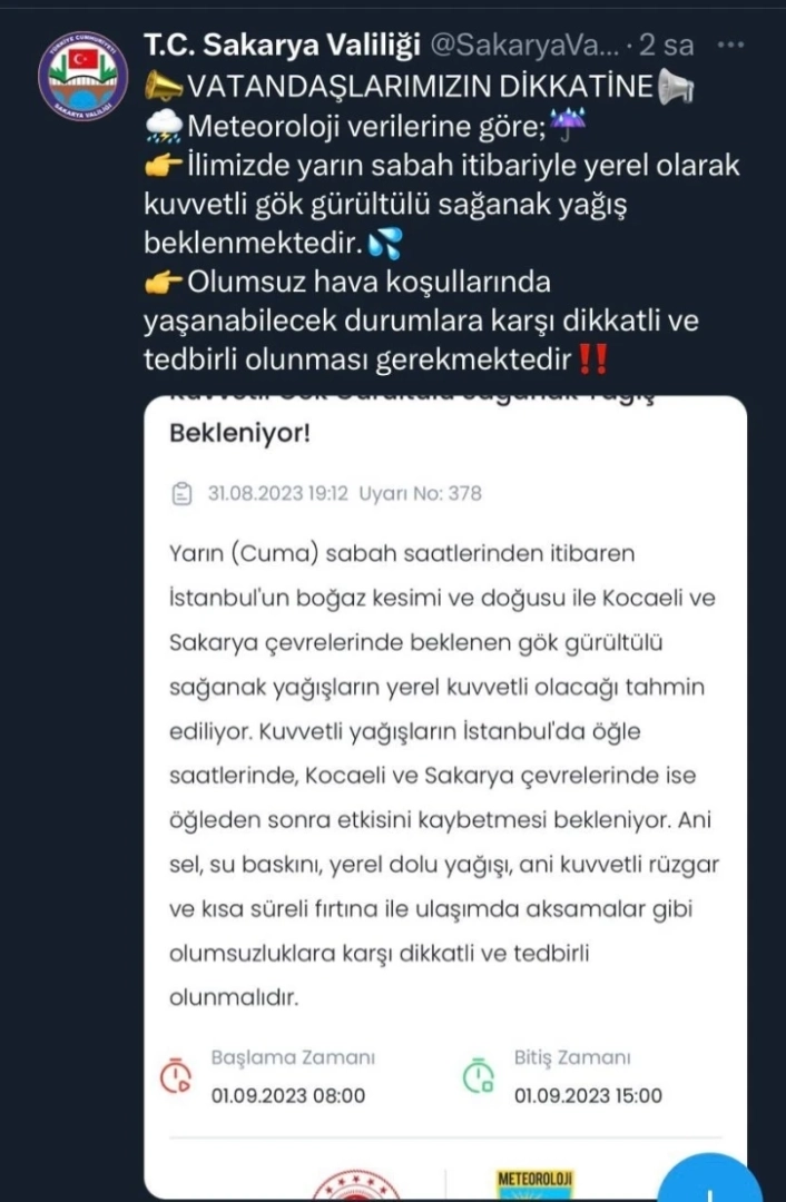 Sakarya valiliğinden sağanak yağış uyarısı