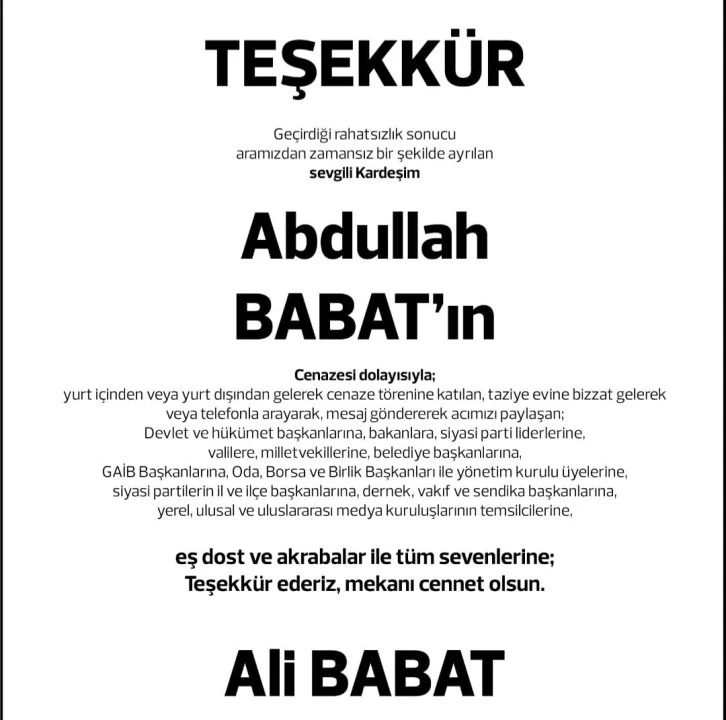 ALİ BABAT TAZİYE MESAJI