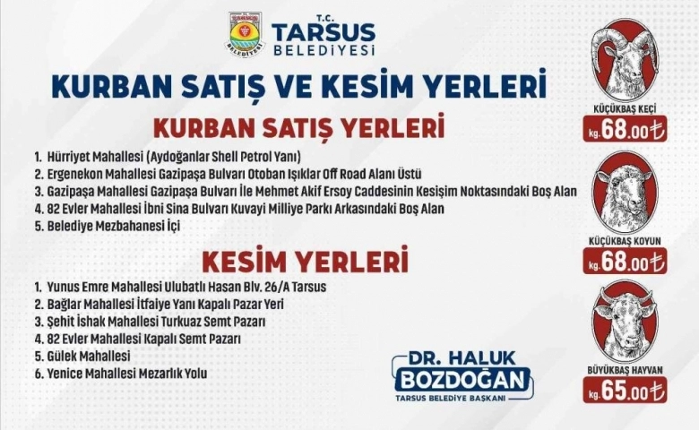 Tarsus’ta kurbanlık fiyatları ile satış ve kesim yerleri belirlendi